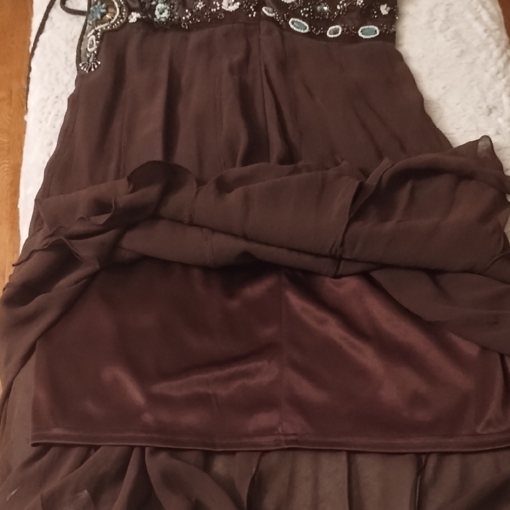 Elegant Brown Sue Wong 100% Silk Halter Dress - Picture 11 of 16